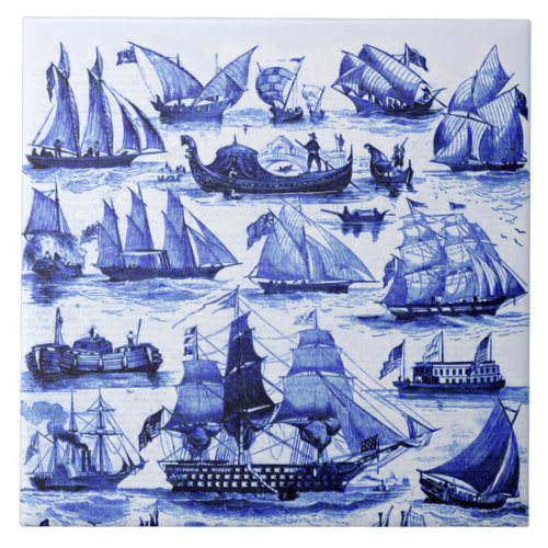 VINTAGE SAILING VESSELSSHIPSNavy Blue Nautical Ceramic Tile