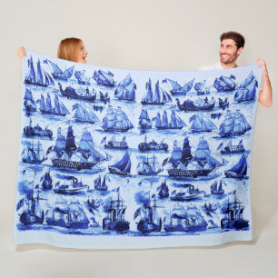 VINTAGE SAILING VESSELS,SHIPS,Navy Blue Nautical Fleece Blanket