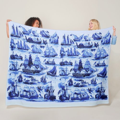 VINTAGE SAILING VESSELSSHIPSNavy Blue Nautical Fleece Blanket