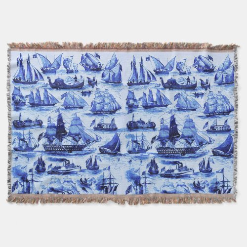 VINTAGE SAILING VESSELSSHIPSNavy Blue Nautical Throw Blanket