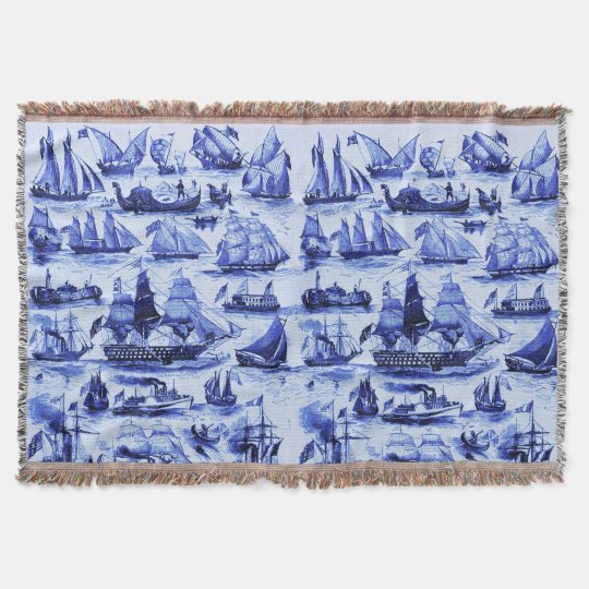 VINTAGE SAILING VESSELS,SHIPS,Navy Blue Nautical Throw Blanket