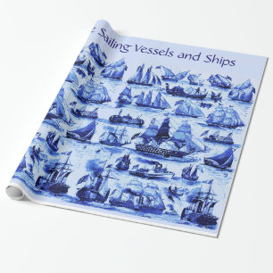 VINTAGE SAILING VESSELS ,SHIPS,Navy Blue Nautical Wrapping Paper