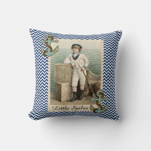 VINTAGE SAILOR BOY ANCHOR AND ROPE BLUE CHEVRONS THROW PILLOW