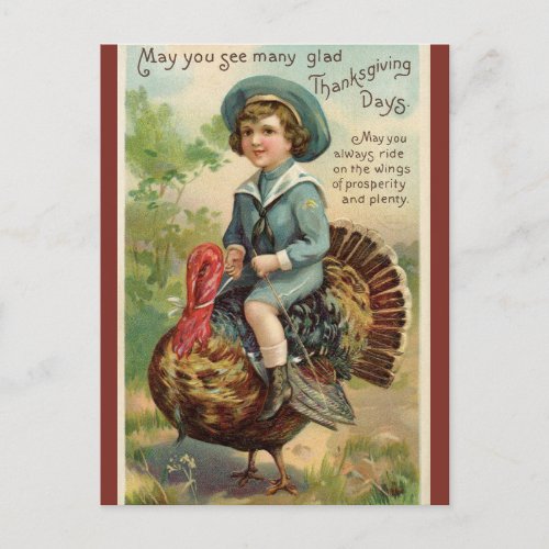 Vintage Sailor in Blue Riding Turkey Thanksgiving Postcard