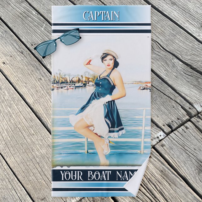 Vintage Sailor Nautical Navy Striped Beach Towel (Beach towel featuring a fine art painting of a vintage sailor at a harbor, with navy blue stripes)