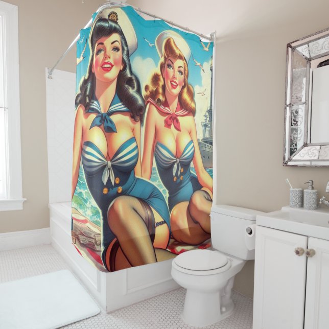 Vintage Sailor Pin Ups Shower Curtain (In Situ)