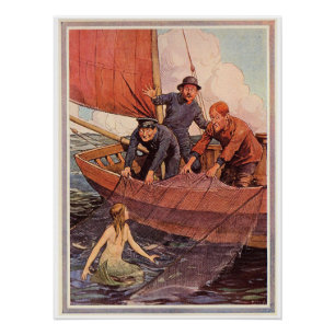 Vintage Sailors Mermaid Catch Poster