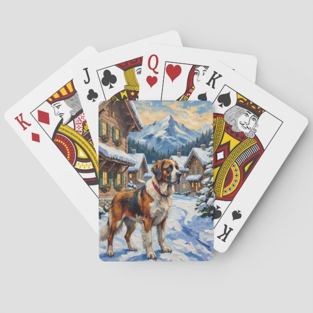 Vintage Saint Bernard Alpine Christmas Painting Poker Cards (Back)