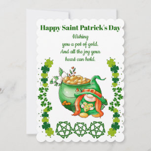 Vintage Saint Patricks Day Clover Gnome Pot Gold Holiday Card