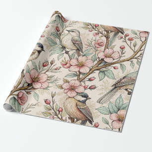 Vintage Sakura Cherry Blossom & Bird  Aesthetic 2 Wrapping Paper