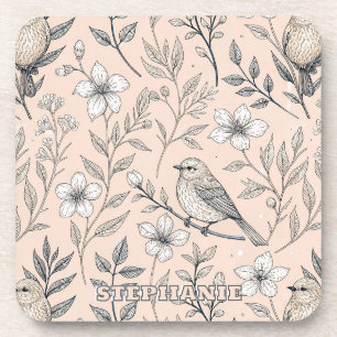 Vintage Sakura Cherry Blossom & Bird Aesthetic 3 Beverage Coaster