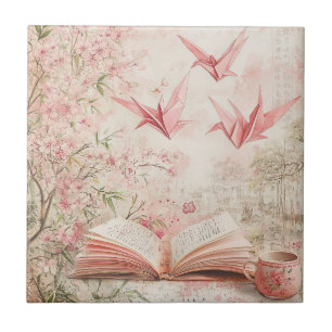 Vintage Sakura Origami Serenity (1) Ceramic Tile