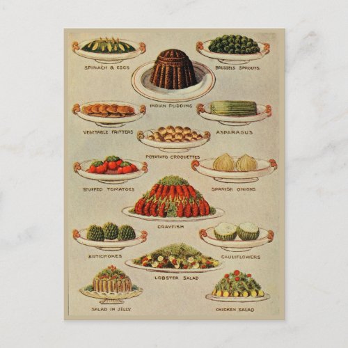 Vintage Salads and Vegetable Dishes Illustrations Postcard
