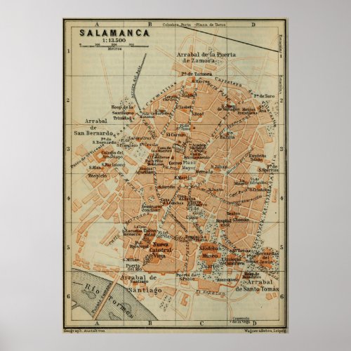 Vintage Salamanca Spain Map 1913 Poster