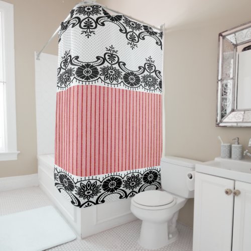 Vintage Salmonc White_Black Lace_Revised Shower Curtain