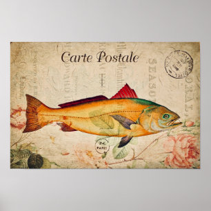 Vintage Salmon Fish French Floral Illustration Poster