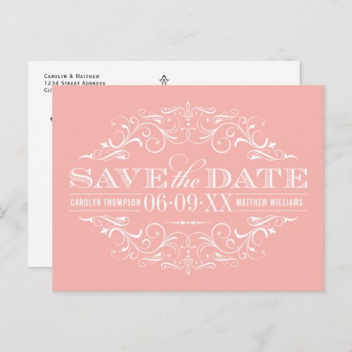 Vintage Salmon Pink Flourish Wedding Save the Date Announcement Postcard