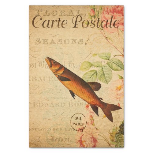 Vintage Salmon Type Fish Floral Flowers French Tissue Paper
