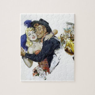 Vintage Saloon Girl Cowboy Bar Dance Fun poster Jigsaw Puzzle