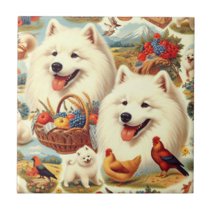 Vintage Samoyed Dog Illustration Ceramic Tile