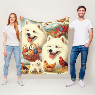 Vintage Samoyed Dog Illustration Fleece Blanket