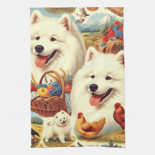 Vintage Samoyed Dog Illustration Kitchen Towel