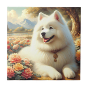 Vintage Samoyed Dog Painting Ceramic Tile