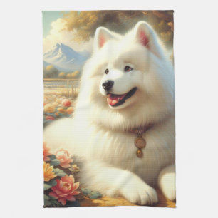 Vintage Samoyed Dog Painting Kitchen Towel
