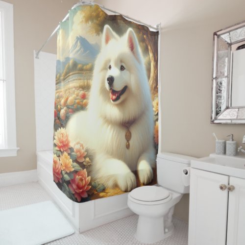Vintage Samoyed Dog Painting Shower Curtain