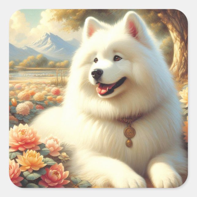 Vintage Samoyed Dog Painting Square Sticker (Front)