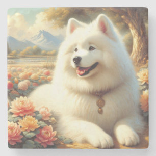 Vintage Samoyed Dog Painting Stone Coaster