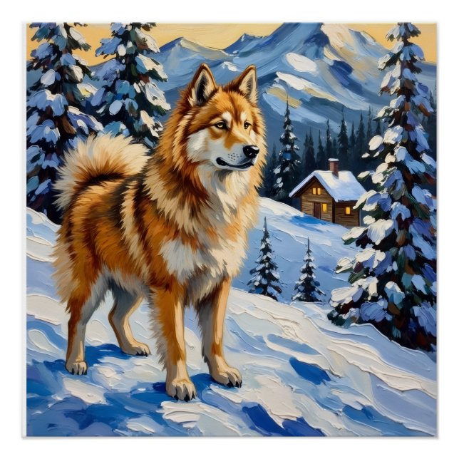 Vintage Samoyed in Alpine Christmas Landscape Poster (Front)