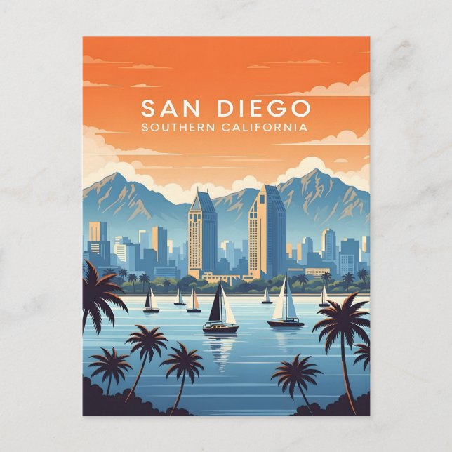 Vintage San Diego skyline with sailboats Postcard (Front)