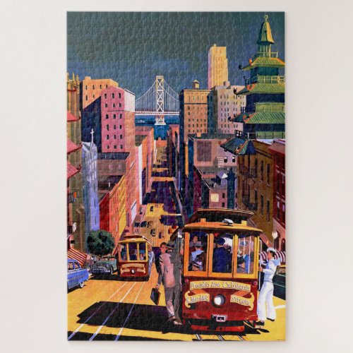 Vintage San Francisco Cable Car Travel Poster Jigsaw Puzzle