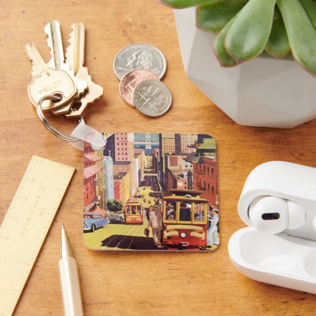 Vintage San Francisco Cable Cars Travel Poster Art Keychain (Desk)