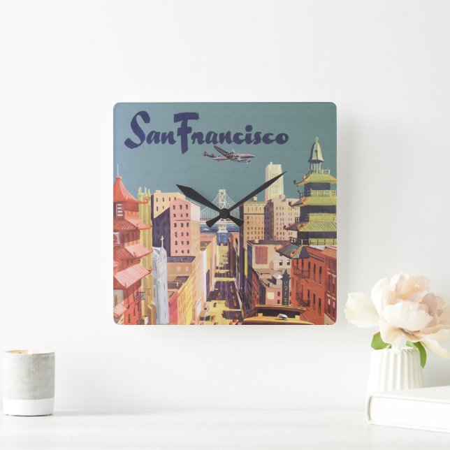 Vintage San Francisco Cable Cars Travel Poster Art Square Wall Clock (Home)
