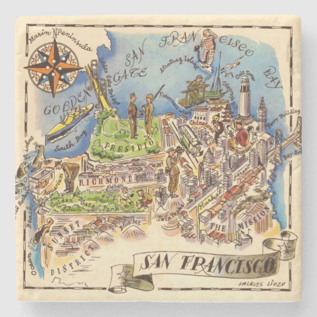 Vintage San Francisco Illustrated Map Stone Coaster (Front)