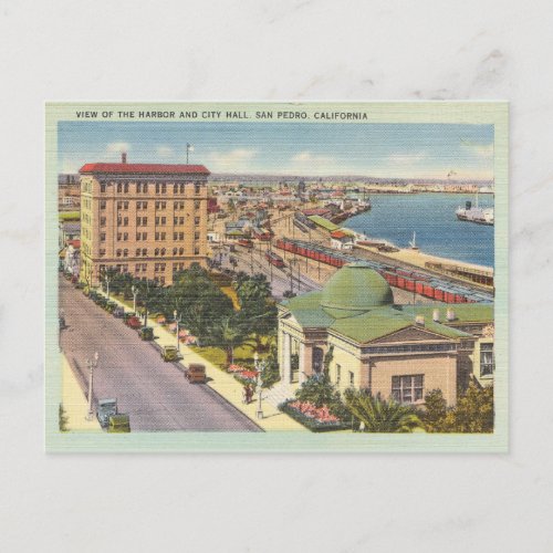 Vintage San Pedro California Harbor and City Hall Postcard