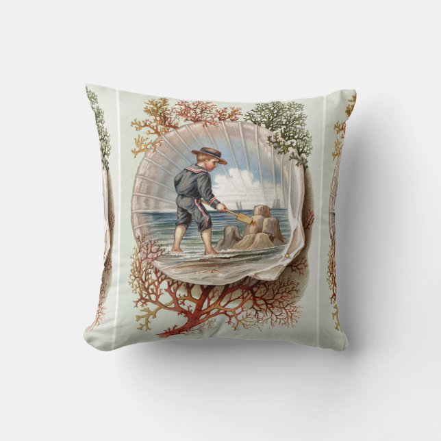 Vintage Sandcastle Little Boy Beach Scene Throw Pillow (Front)