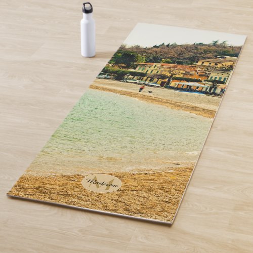 Vintage sandy seashore city sea houses Monogram Yoga Mat