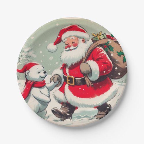 Vintage Santa and Bear Christmas Paper Plates