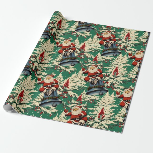 Vintage Santa and Bell Green Wrapping Paper (Unrolled)