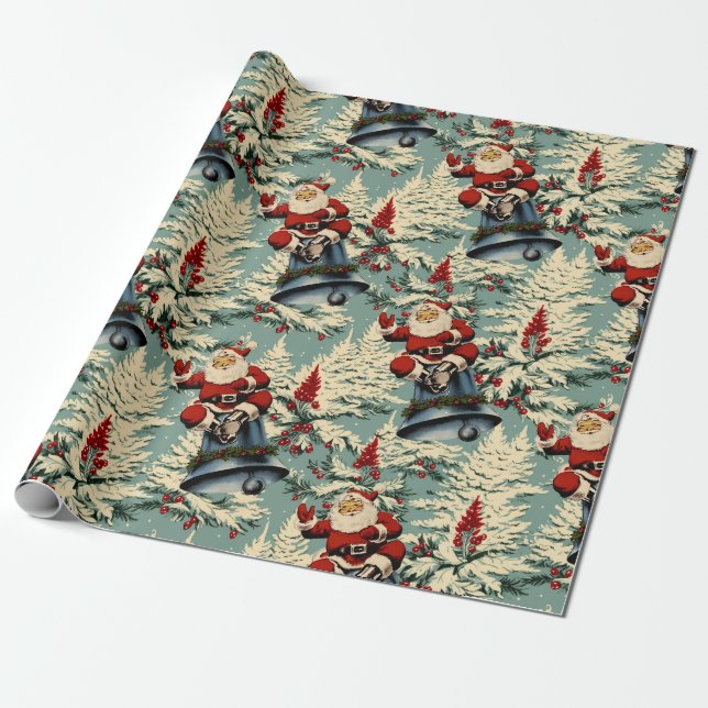 Vintage Santa and Bell Light Blue Wrapping Paper (Unrolled)