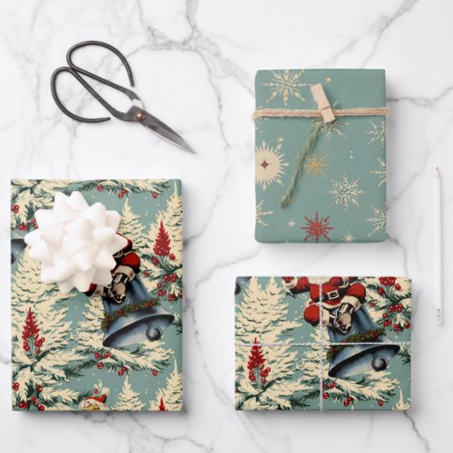 Vintage Santa and Bell Trio Light Blue Wrapping Paper Sheets