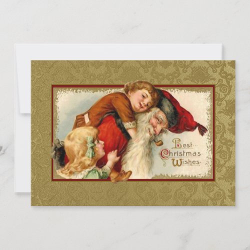 Vintage Santa and Children on Gold Damask Holiday Card