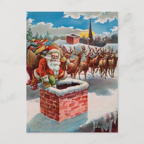Vintage Santa and Chimney Holiday Postcard