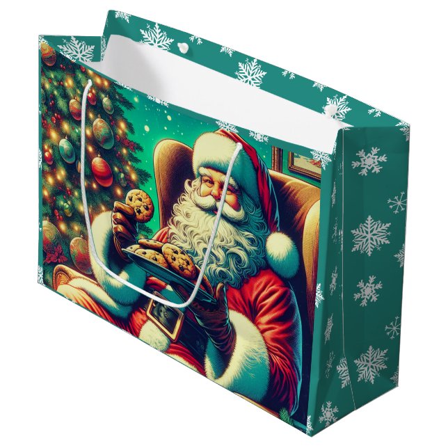 Vintage Santa and Cookies Christmas Large Gift Bag (Front Angled)