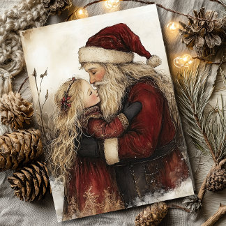 Vintage Santa and Girl Christmas Greeting Card