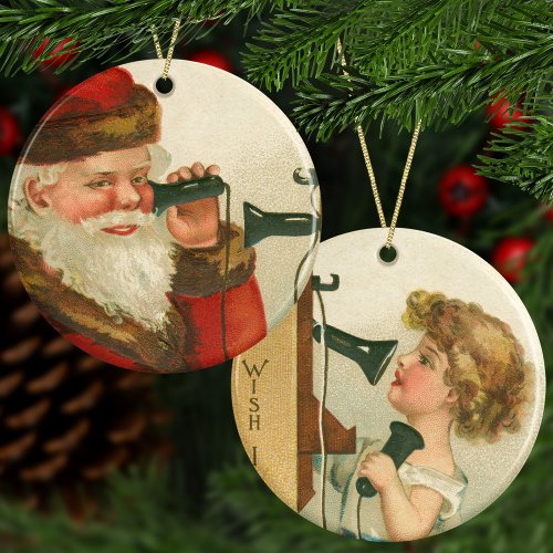 Vintage Santa and Girl on Telephone Christmas Ceramic Ornament