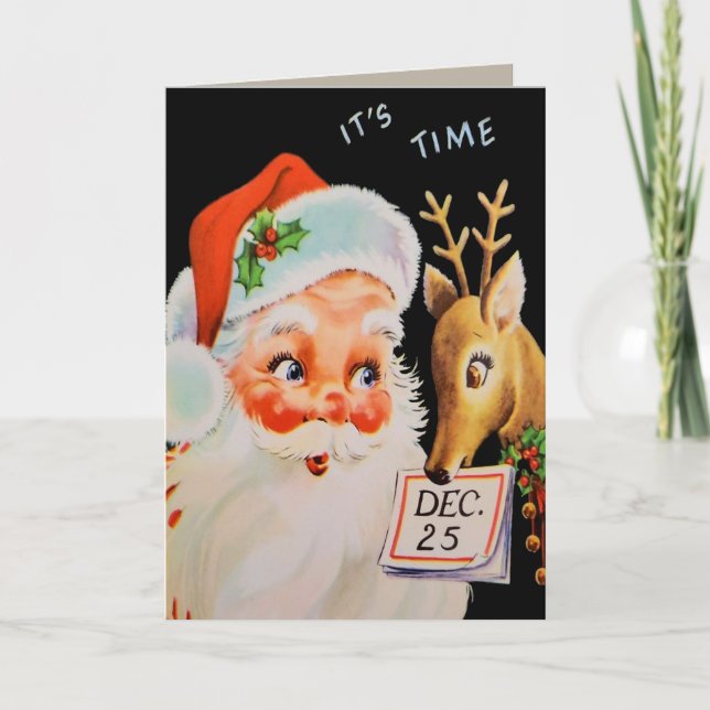 Vintage Santa And His Reindeer Holiday Card (Front)